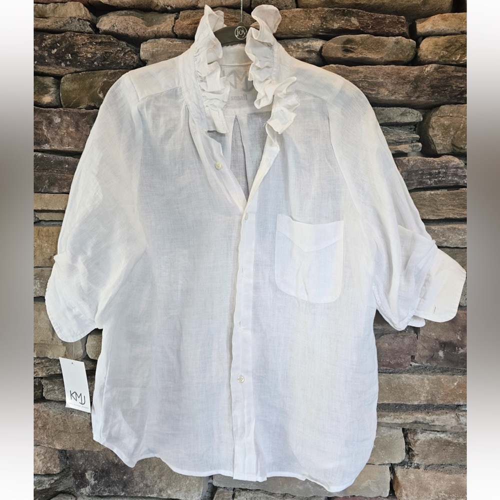 KMJ Southern Lover Ruffle Linen Shirt White Small NWT